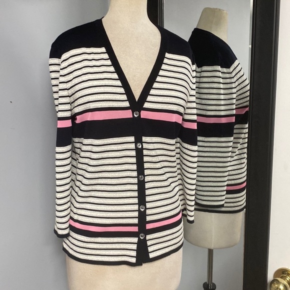Escada Sweaters - ESCADA COASTAL GRANDMA 3D MULIT TEXTURED BUTTON FRONT NAVY/WHITE/PINK/SILVER